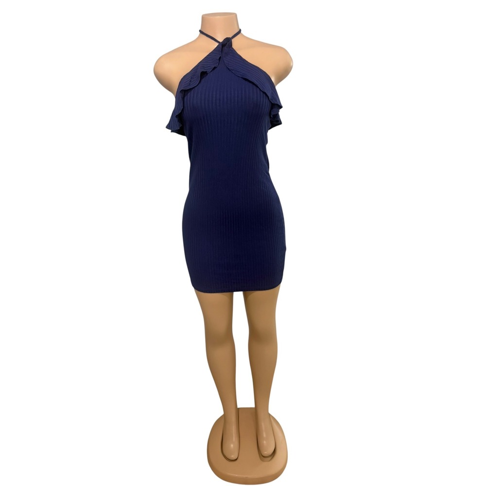 One Clothing Los Angeles Navy Blue Ribbed Ruffle Halter Mini Dress Large